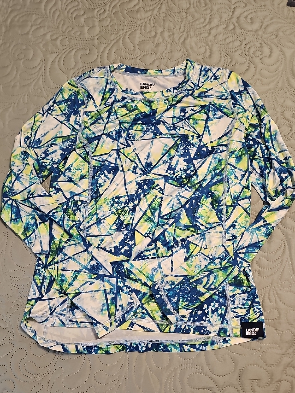 Lands' End Girl's Long Sleeve Abstract Triangle Print Top - Blue & Lime Green